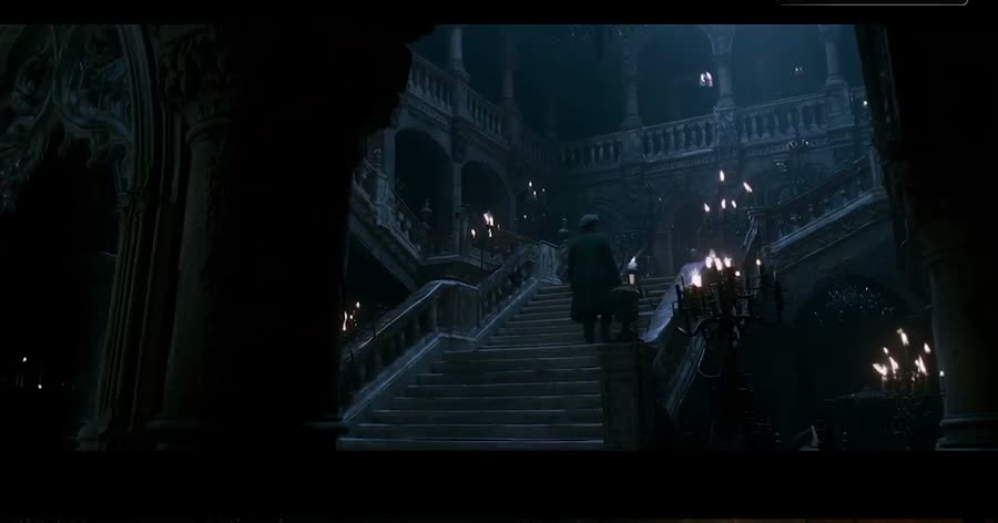 Grand candlelit staircase in a haunted manor