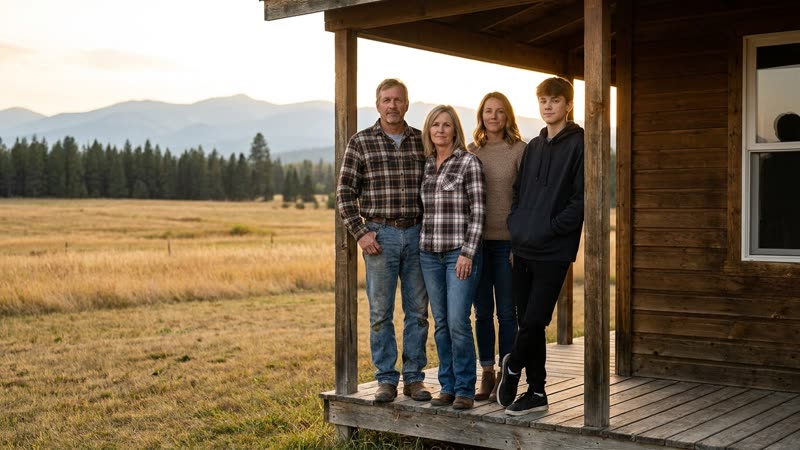 A family on the porch of a Montana ranch house, a frame from the Goldfinch Health films